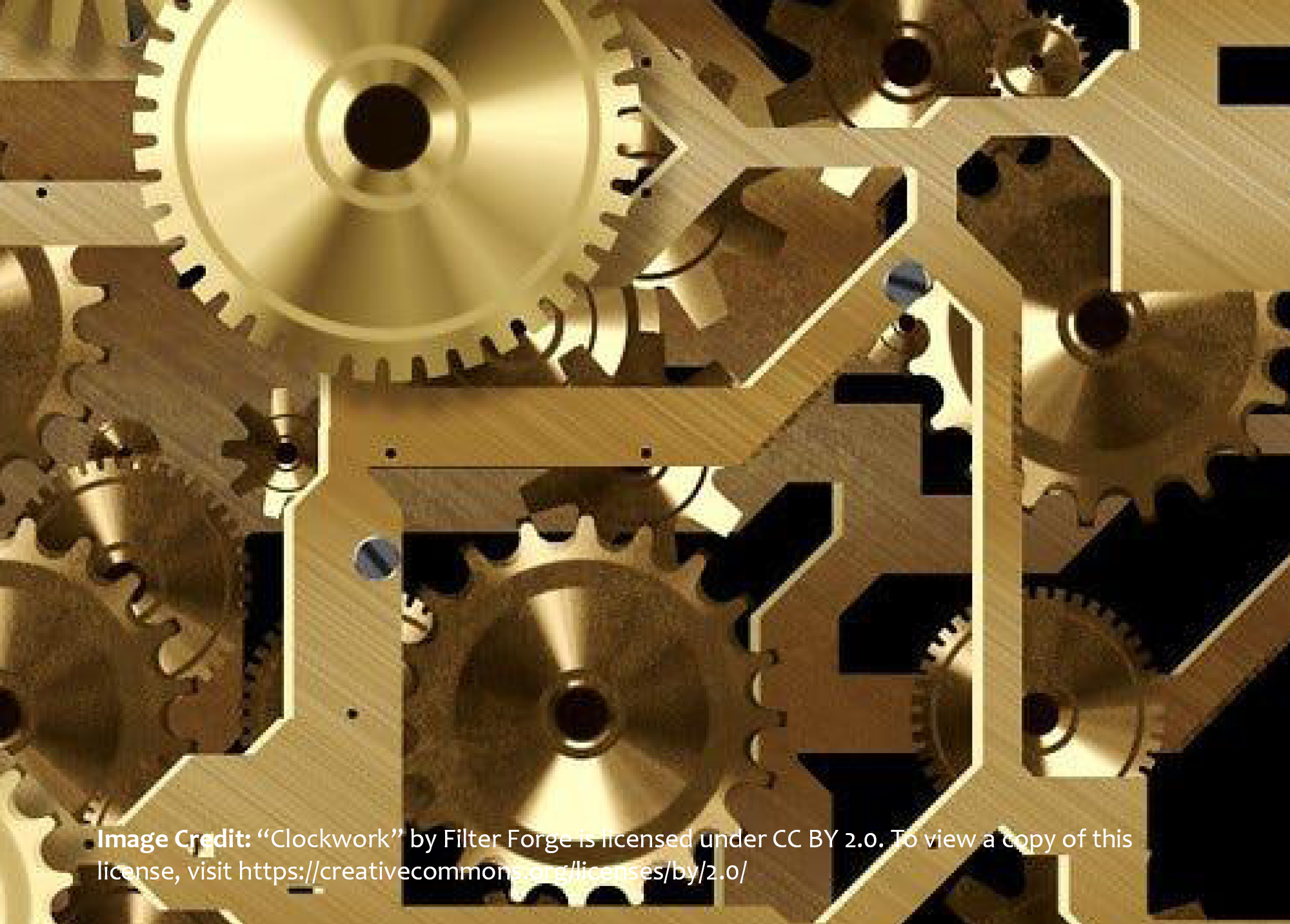 Closeup photo of shiny golden-brass cogs, gears, and other clock parts, entitled, 'Clockwork.' Credited to Filter Forge on Creative Commons.