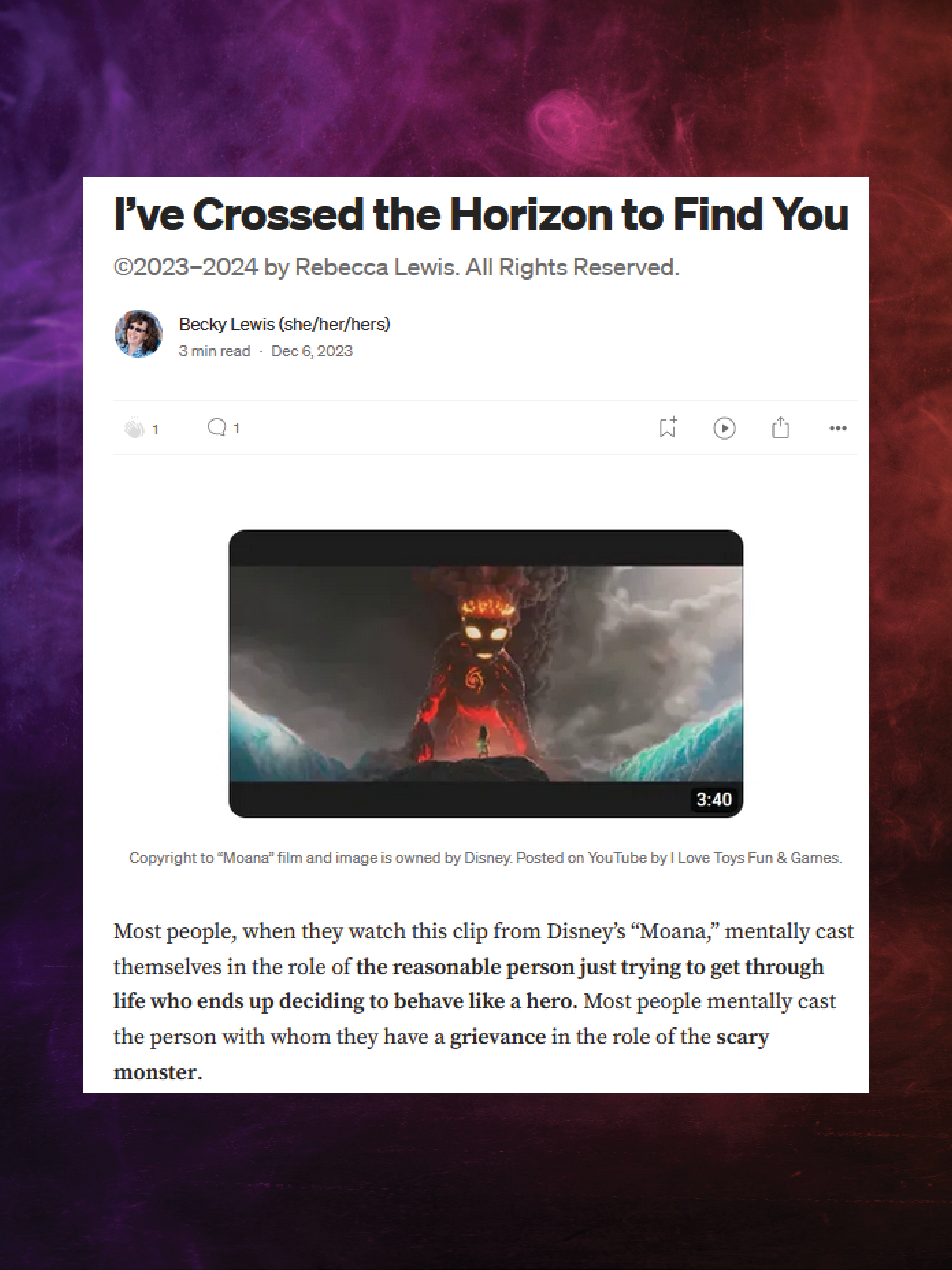 Preview of the article on Medium.com, including a still shot from Disney's 'Moana' movie in which Moana is speaking to the scary lava monster.