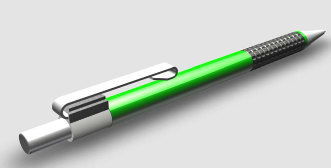 Rendered 3D isometric CAD drawing of a green mechanical pencil. Source: Student Classwork at https://www.nr.edu/cadd/mechanical/mechancial.php