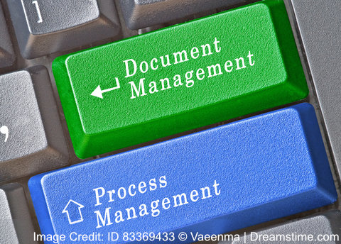 In a closeup photo of two computer keyboard keys, the 'Return' key is kelly green and reads, 'Document Management.' The 'Shift' key is royal blue and reads 'Process Management.' Surrounding keys are dull gray with white lettering. Image Credit: ID 83369433 Copyright Vaeenma | Dreamstime.com
