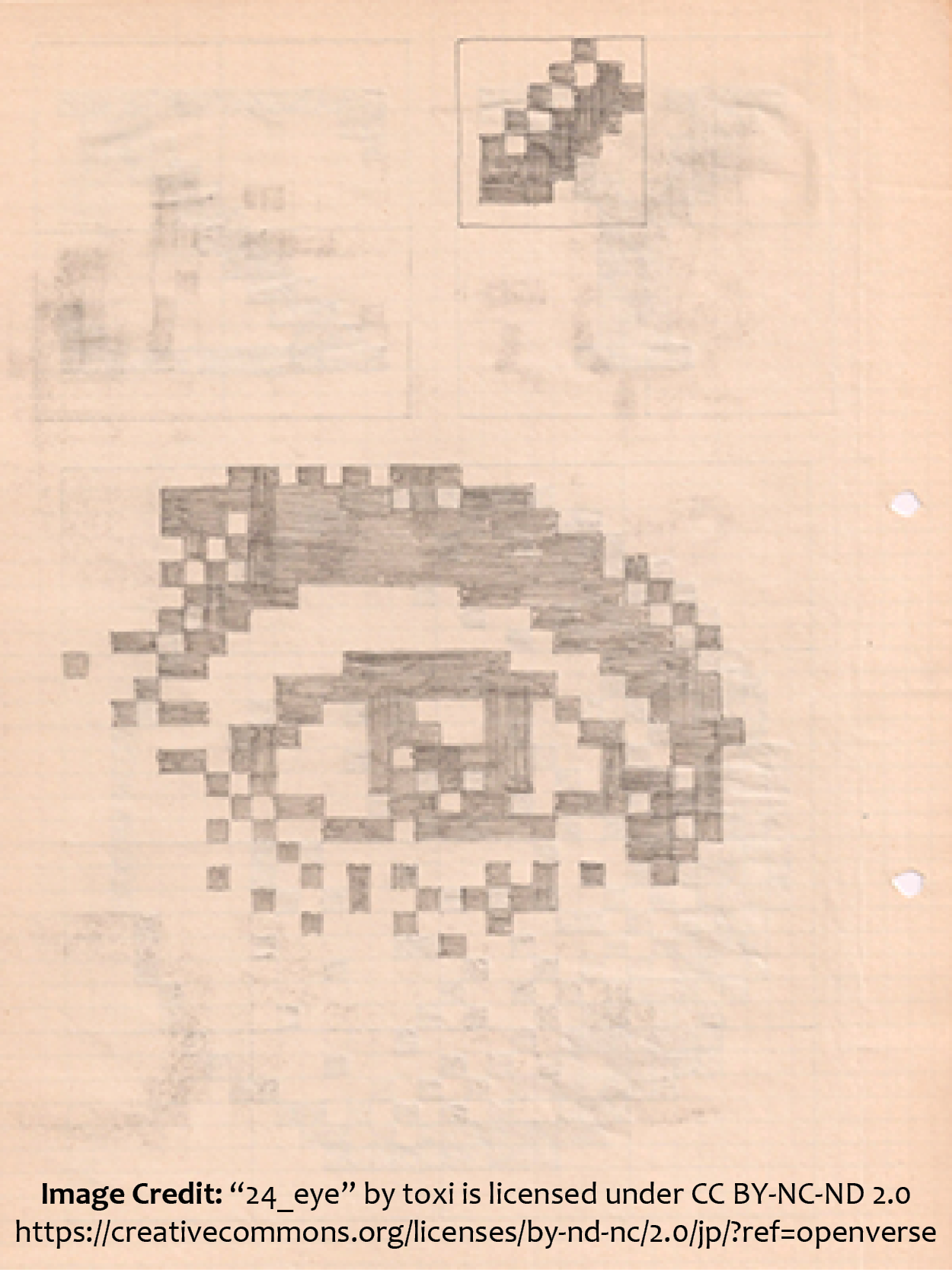 Creative Commons photo of a human eye and object, pencil-drawn in large 'pixels' on aging, yellowed paper with notebook holes.