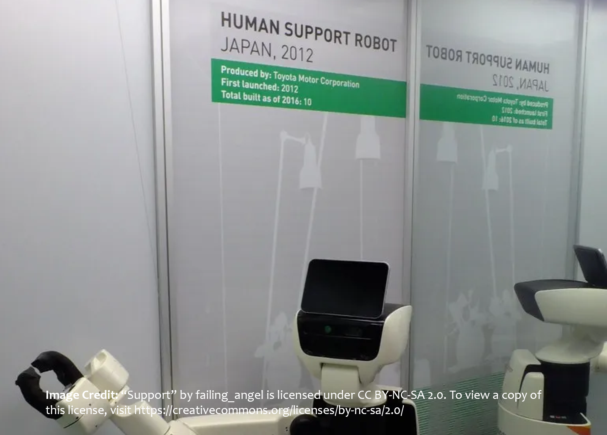 Partial photo of two Japanese human support robots from 2012. Credited to failing_angel on Creative Commons.
