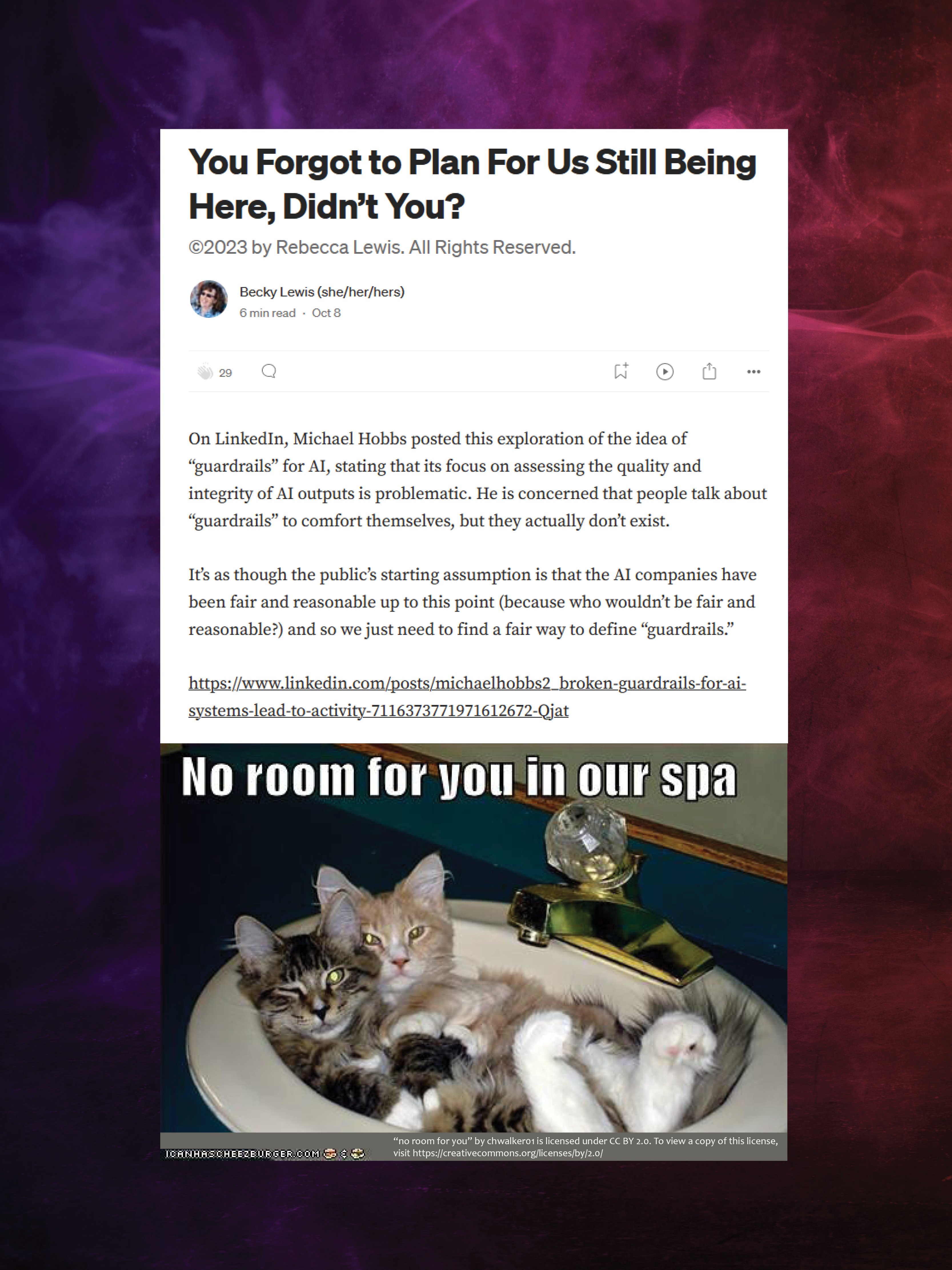 Preview of the Medium.com article, including a photo of two wide-eyed kittens who have wedged themselves, side-by-side, into a bathroom sink, on their backs with their paws in the air. White meme text reads, 'No room for you in our spa.'